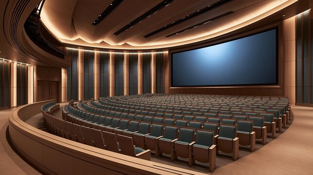 Large auditorium with a curved ceiling and a large screen on the right side. the auditorium has rows of blue chairs facing the front of the room.