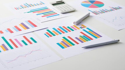 Obraz premium Desk with various financial charts and graphs spread out on it. there are several papers with colorful bar graphs and charts on them, as well as a calculator and a pen.