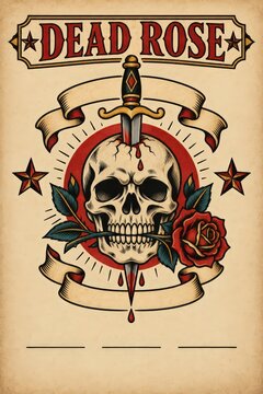 Tattoo flash halloween poster of a skull wrapped in a red rose with sharp bold traditional ink outlines and generous copy space for your own text