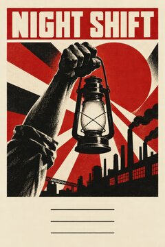 Constructivist halloween poster of a raised fist holding a glowing lantern in bold red and black diagonal shapes and generous copy space for your own text