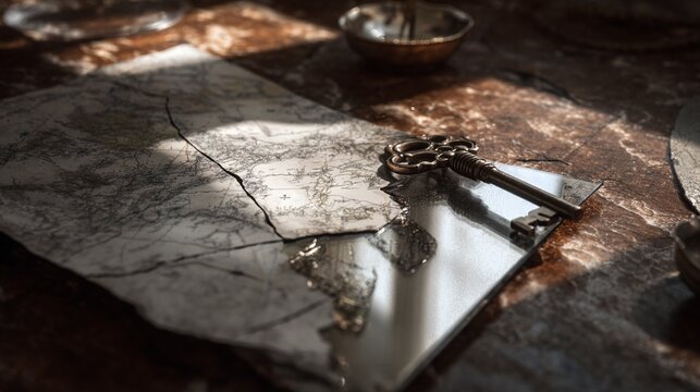 Antique key and map on rustic kitchen table