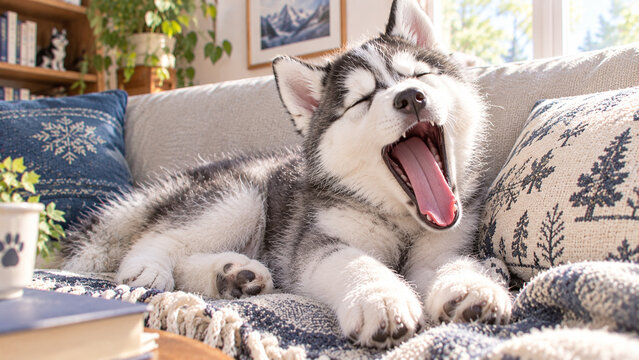 Siberian Husky Puppy Yawning Widely While Relaxing on a Sofa