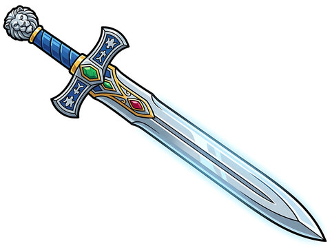 Silver knight sword with lion pommel and gemstones isolated on transparent