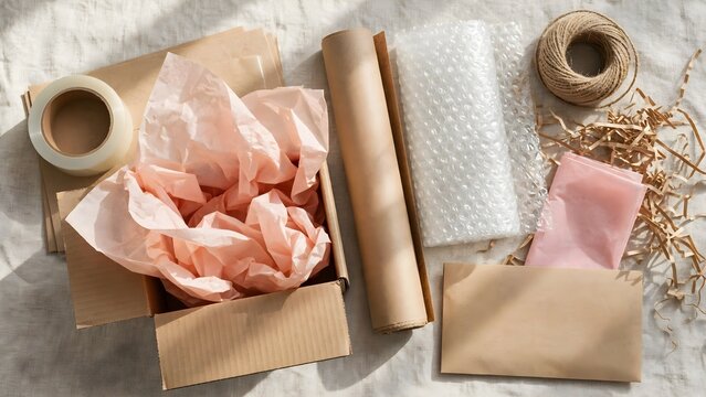 Elegant gift wrapping materials arranged for handmade presents and