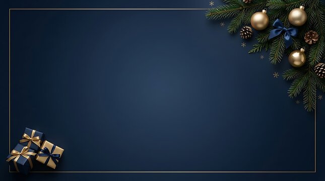 Elegant dark blue christmas background with pine branches and golden ornaments for holiday greeting cards