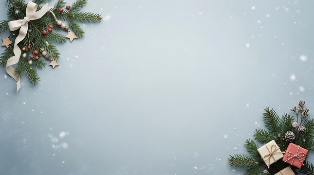 Christmas festive background with pine branches and small gift boxes on grey surface