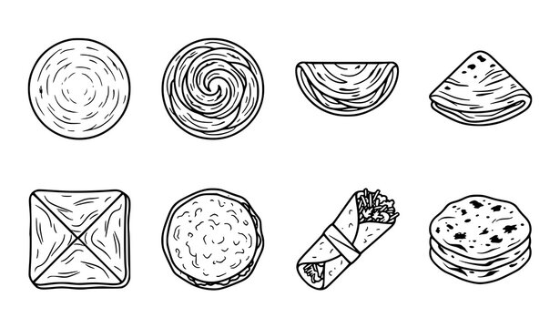Traditional South Asian Flatbread Icon Set Featuring Paratha Roti Chapati Naan and Kathi Roll Lineart