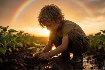 Naklejka premium Young boy tends small sunflower sprout in muddy field at sunset. Child plants seedling in dirt with rainbow in sky. Nature growth concept shows kid gardening outdoors during golden hour. Little