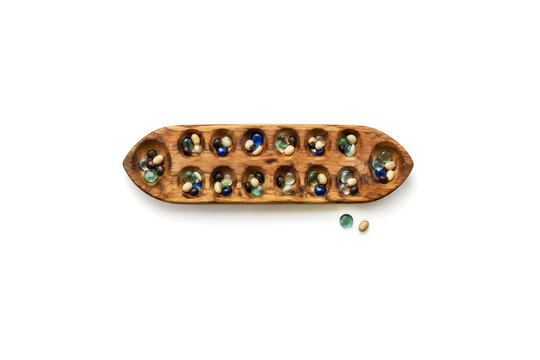 Mancala Board, Carved Wooden Game With Glass Stones and Seeds