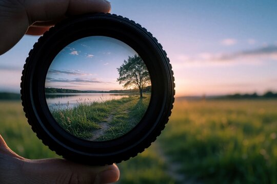 Close up of camera lens held by hands showing beautiful landscape reflection. Scenic view with lake, green grass, single tree, blue sky. Photographer captures nature scenery through optical glass