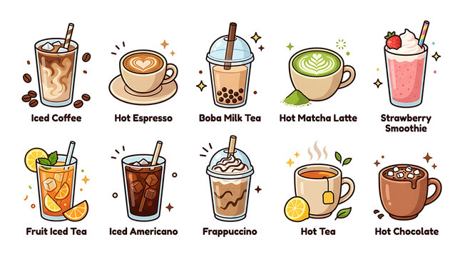 Cute cartoon beverage collection featuring popular drinks like refreshing iced coffee, warm lattes, boba tea, fruit smoothies, and classic hot chocolate illustrations