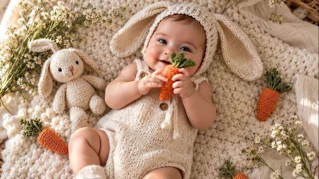 Adorable smiling baby wearing a knitted bunny ears hat and cream outfit, holding a crochet carrot beside a stuffed rabbit on a cozy blanket with spring flowers for Easter