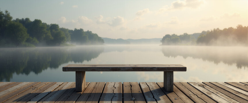 Vacant seating facing tranquil misty lake at dawn serene for wellness retreat marketing, meditation apps, and peaceful wallpaper backgrounds