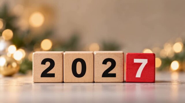 Hand placing number seven block to complete 2027 with wooden number cubes and warm festive lights, New Year 2027 celebration and countdown concept