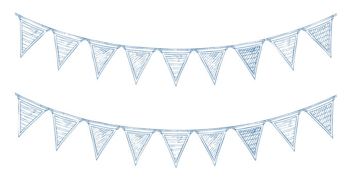 Vintage party bunting, engraved style illustration of triangular flags and ribbon bows.
