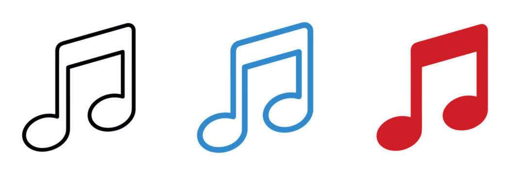 Musical eighth note symbols in black blue and red against a white background conceptualizing melody and sound design