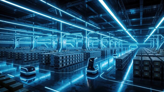 Futuristic automated warehouse with neon blue lights. Autonomous robots move between rows of cargo boxes. High tech logistics center uses artificial intelligence for smart storage, distribution.