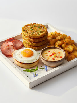 A beautifully arranged breakfast platter featuring a stack of crispy fried green tomatoes, a sunny-side-up egg on an English muffin, roasted potatoes, and Canadian bacon, complemented by a creamy dip