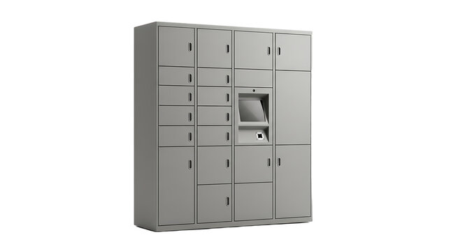 3D rendering of a gray parcel locker cabinet with touchscreen and QR scanner, self-service package pickup concept, isolated on white, for logistics, e-commerce and smart delivery designs