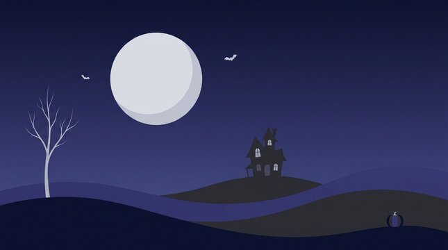 Halloween background, haunted house with full moon and bats at night