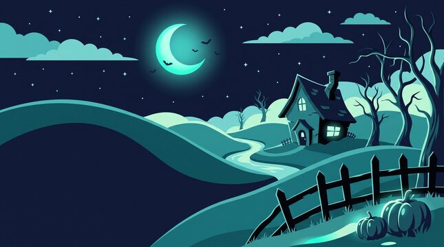Halloween background, haunted house with crescent moon and spooky trees