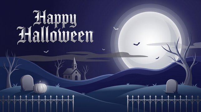 Halloween background, spooky graveyard landscape with moon and church