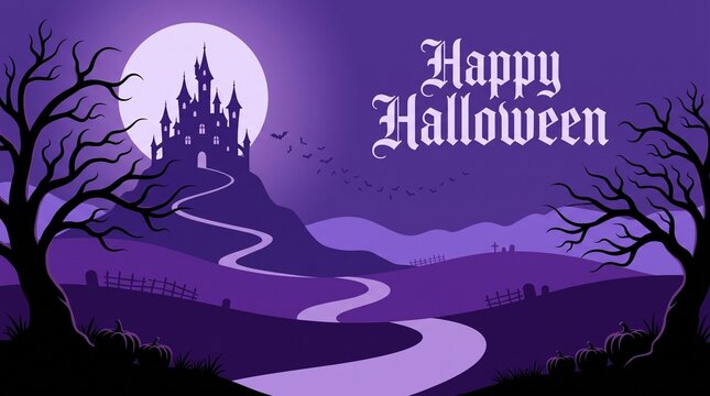 Halloween background, Halloween background with haunted castle, full moon, bats, and pumpkins