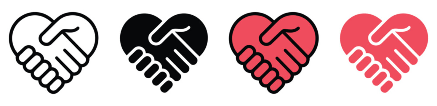 Helping hand icon set featuring hand with heart and handshake symbols for support, care, cooperation, community assistance