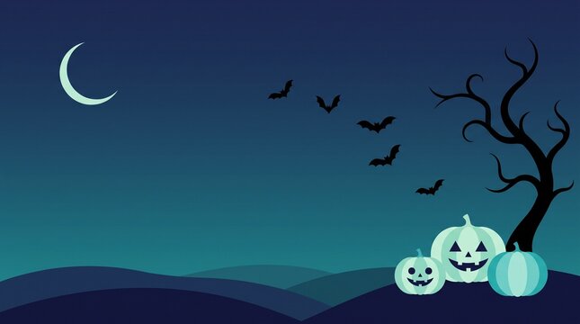 Halloween background, jack-o'-lanterns with bats and moon at night