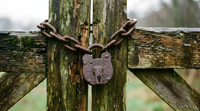 Heavy rusty padlock and iron chain locking old wooden garden gate
