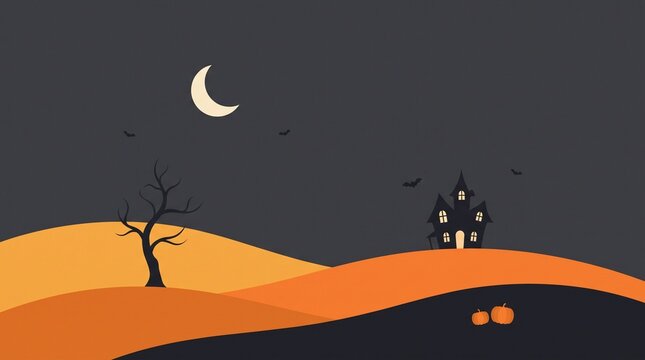 Halloween background, haunted house with crescent moon and spooky trees