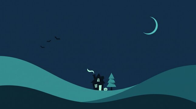 Halloween background, haunted house with pumpkin and crescent moon night