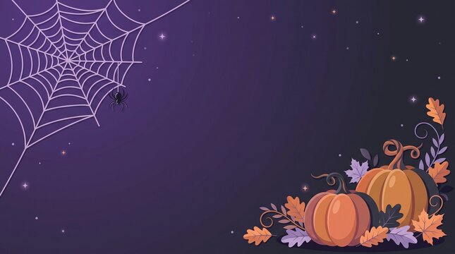 Halloween background, pumpkins with spider web and autumn leaves design