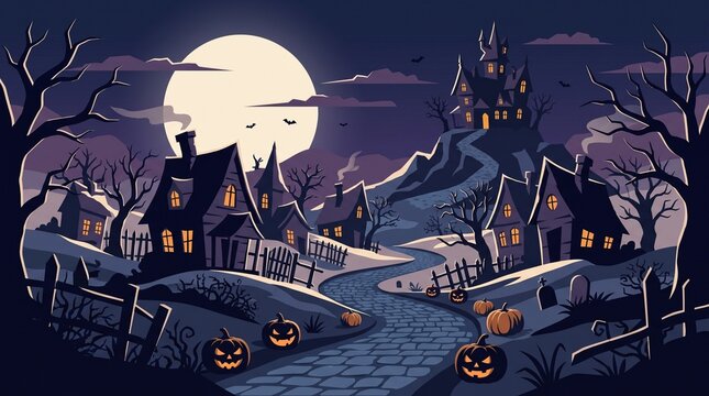 Halloween background, Halloween background with haunted village, spooky castle and pumpkins