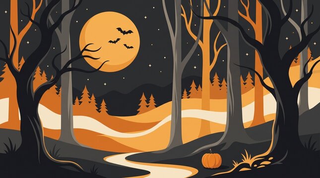 Halloween background, spooky forest landscape with full moon and pumpkin