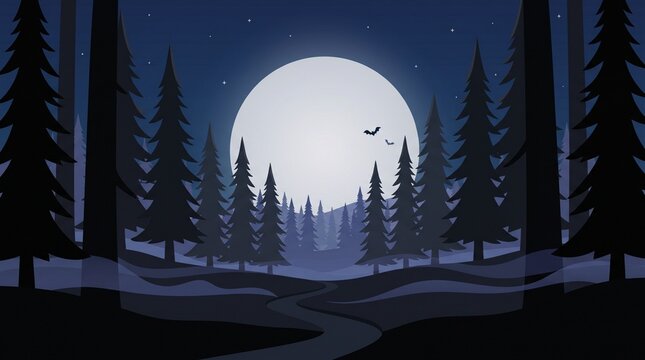 Halloween background, full moon over a dark pine forest with winding path