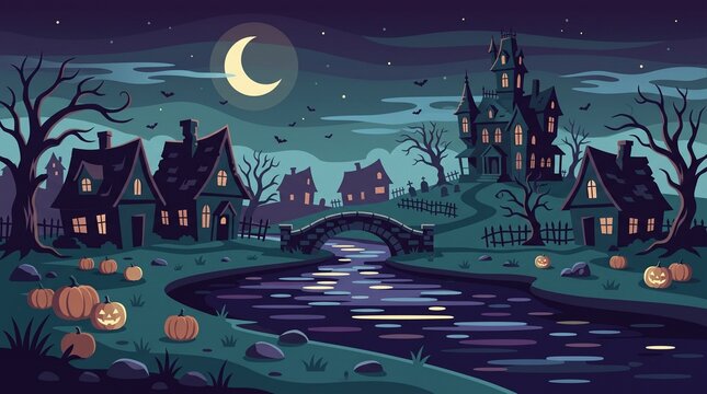 Halloween background, haunted village at night with pumpkins and river