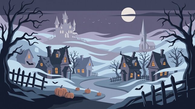 Halloween background, spooky village scene with haunted castle and moon