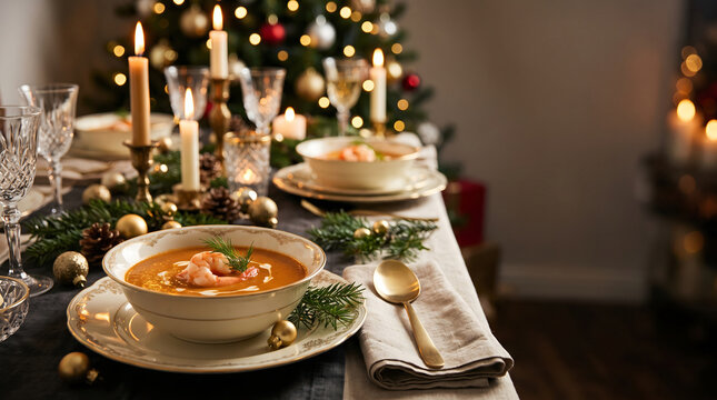 Festive holiday lobster bisque soup dinner table setting