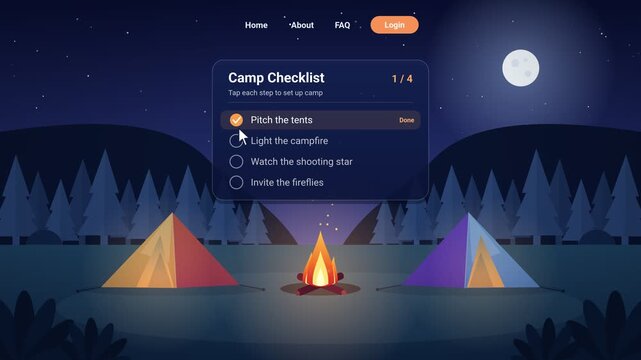 Interactive Camping Website Interface Animation With Task Checklist UI For Travel Planning And Outdoor Activity User Experience Design Engagement