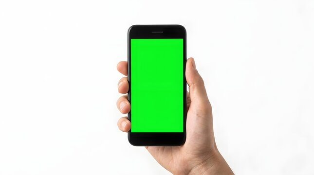 Hand Holding Smartphone with Green Screen Isolated on White