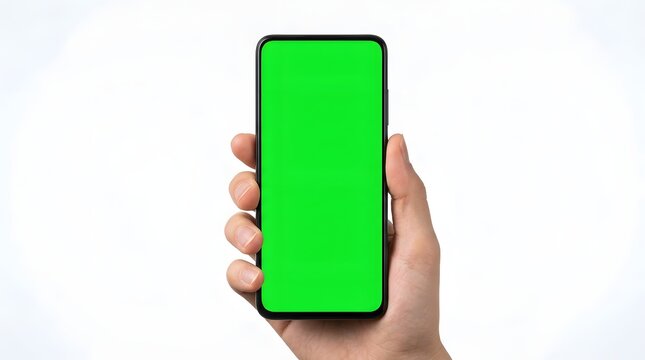 Hand Holding Smartphone with Green Screen Mockup on White Background