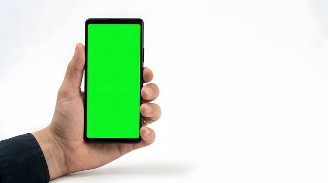 Smartphone with Green Screen Mockup in Hand Isolated on White