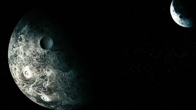 Two cratered moons floating in dark space, with a large detailed planet on the left and a smaller moon in the distance
