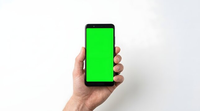 Hand Holding Smartphone with Green Screen Mockup on White Background
