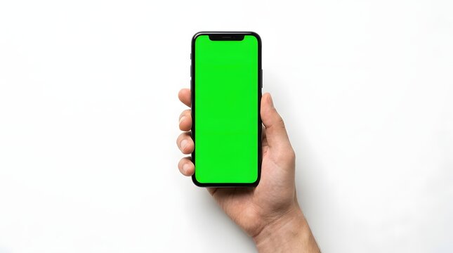 Male Hand Holding Smartphone with Chroma Key Green Screen Mockup