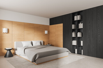 Modern minimalist bedroom interior with oak wall panels, dark built-in cabinetry, soft bedding, open shelving and elegant contemporary furniture. 3D Rendering © ImageFlow