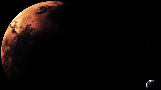 Red planet in deep space with a small moon on a black starry background, showing a dramatic view of outer space