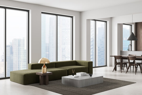 Contemporary urban apartment interior design with olive sectional sofa, expansive windows, elegant dining area, and refined minimalist decor. 3D Rendering