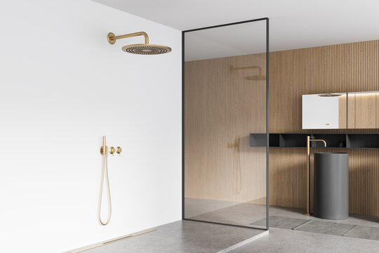 Contemporary bathroom interior design with glass shower enclosure, wood slat wall, brass fixtures, and minimalist vanity. 3D Rendering